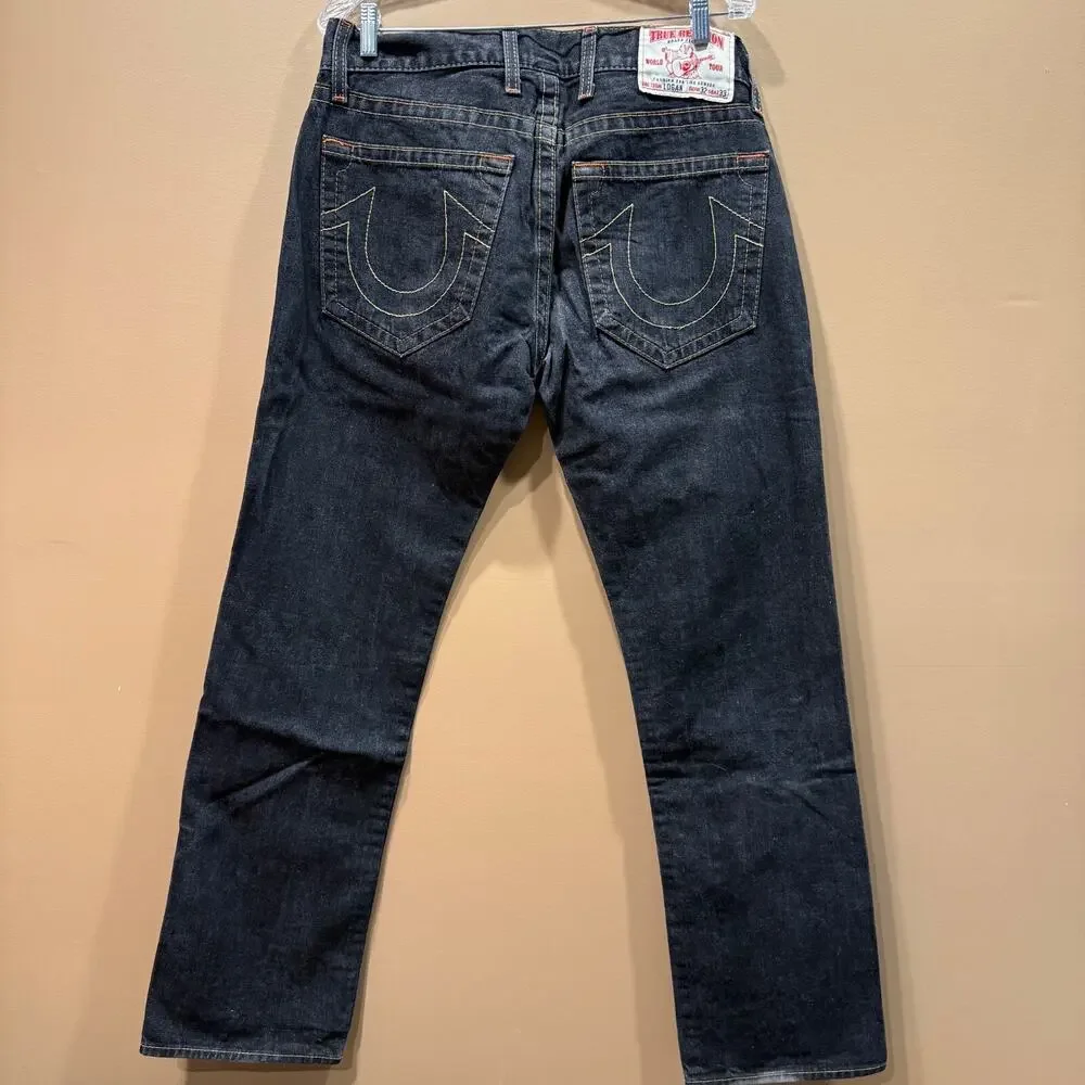 True Religion LOGAN Jeans Mens Black Denim USA Made Size 33W 32L Embroidered